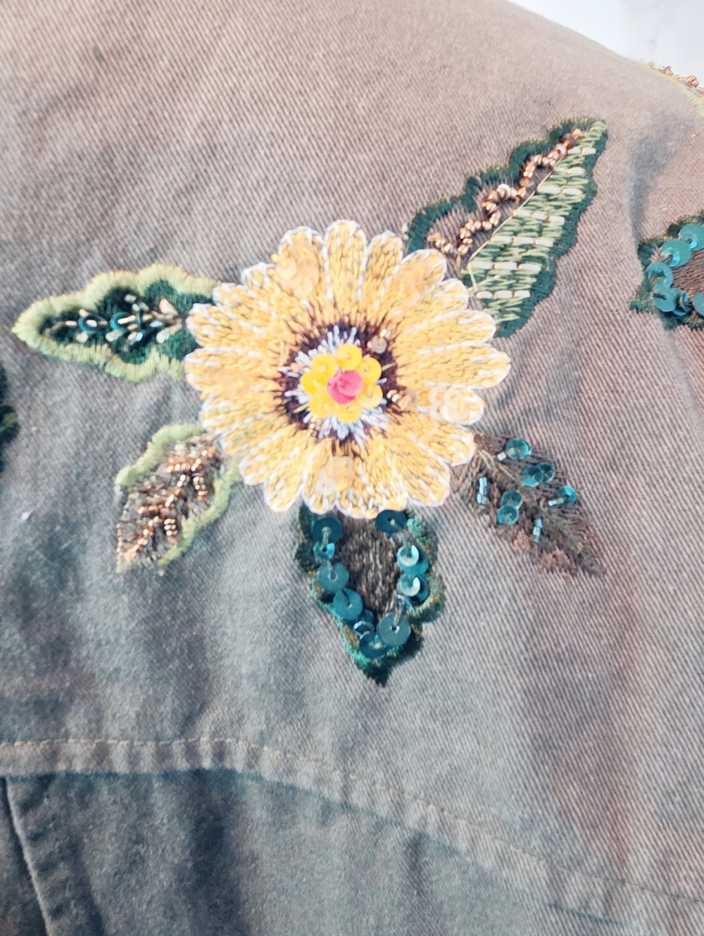 Mango Embroidered Utility Jacket Olive Floral Military Boho S - Picture 9 of 12